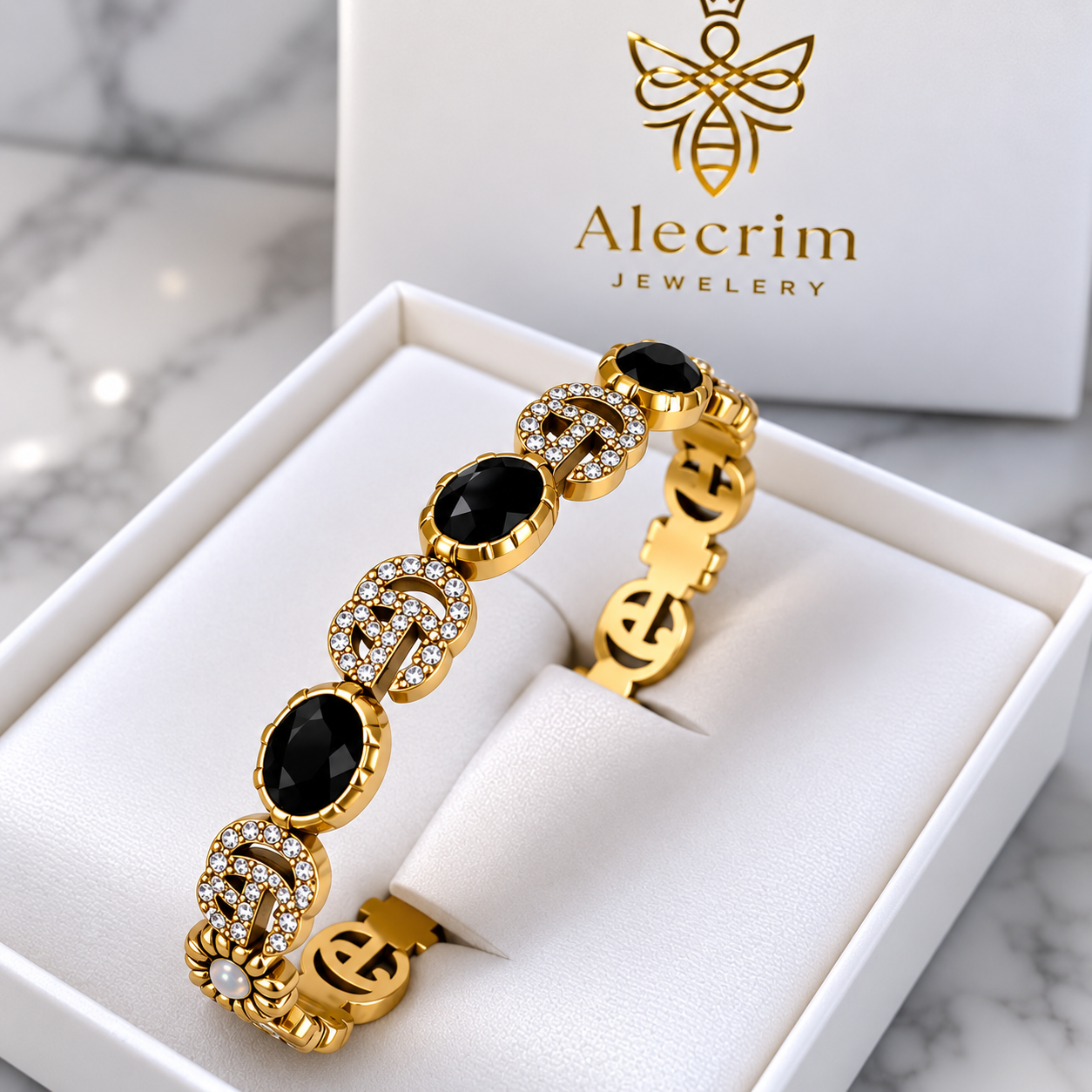 Luxury Antique Gold Floral Bracelet for Women – Vintage Black Stone & Crystal Statement Bracelet | Elegant Fashion Jewelry