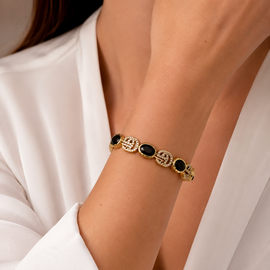 Luxury Antique Gold Floral Bracelet for Women – Vintage Black Stone & Crystal Statement Bracelet | Elegant Fashion Jewelry