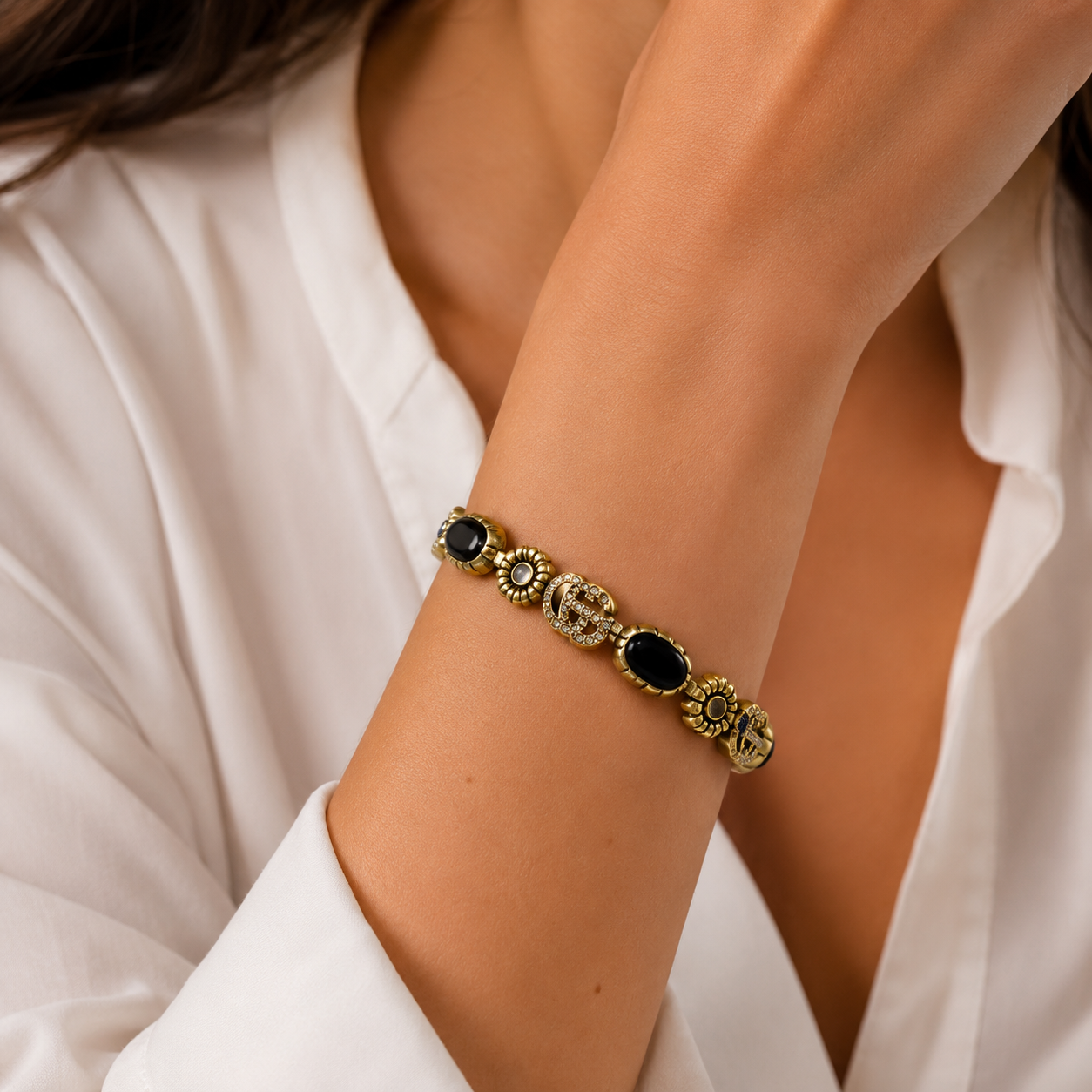 Luxury Antique Gold Floral Bracelet for Women – Vintage Black Stone & Crystal Statement Bracelet | Elegant Fashion Jewelry