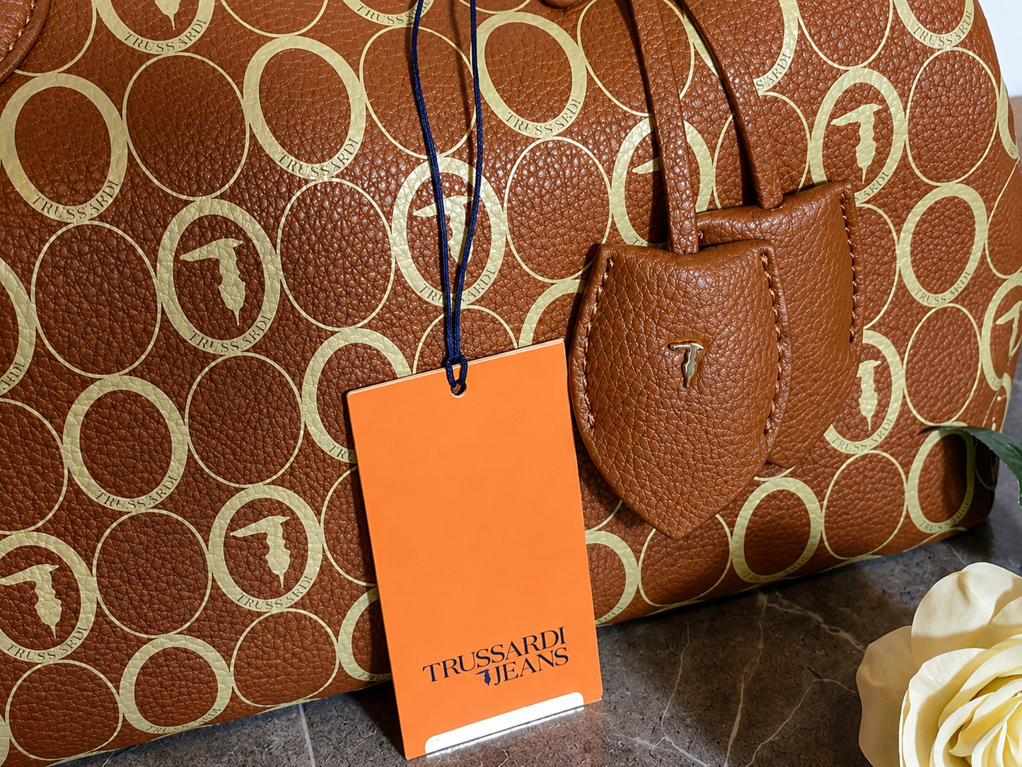 ✨ Trussardi Jeans Iris Medium Tote Bag – Brown Signature Ovali Print Faux Leather Handbag