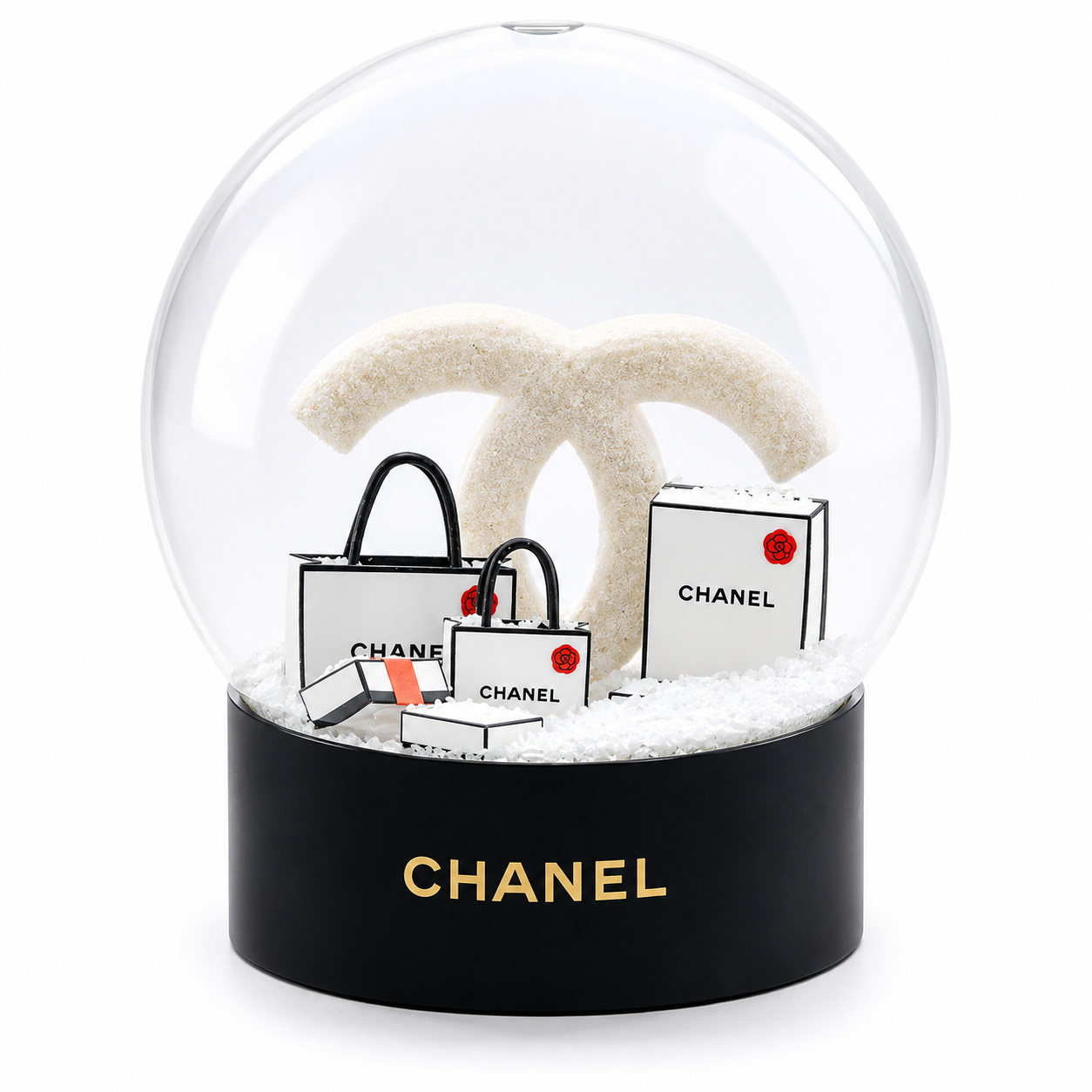 Chanel Double C Winter Snow Globe – Luxury Decorative Collectible Featuring Miniature Shopping Bags
