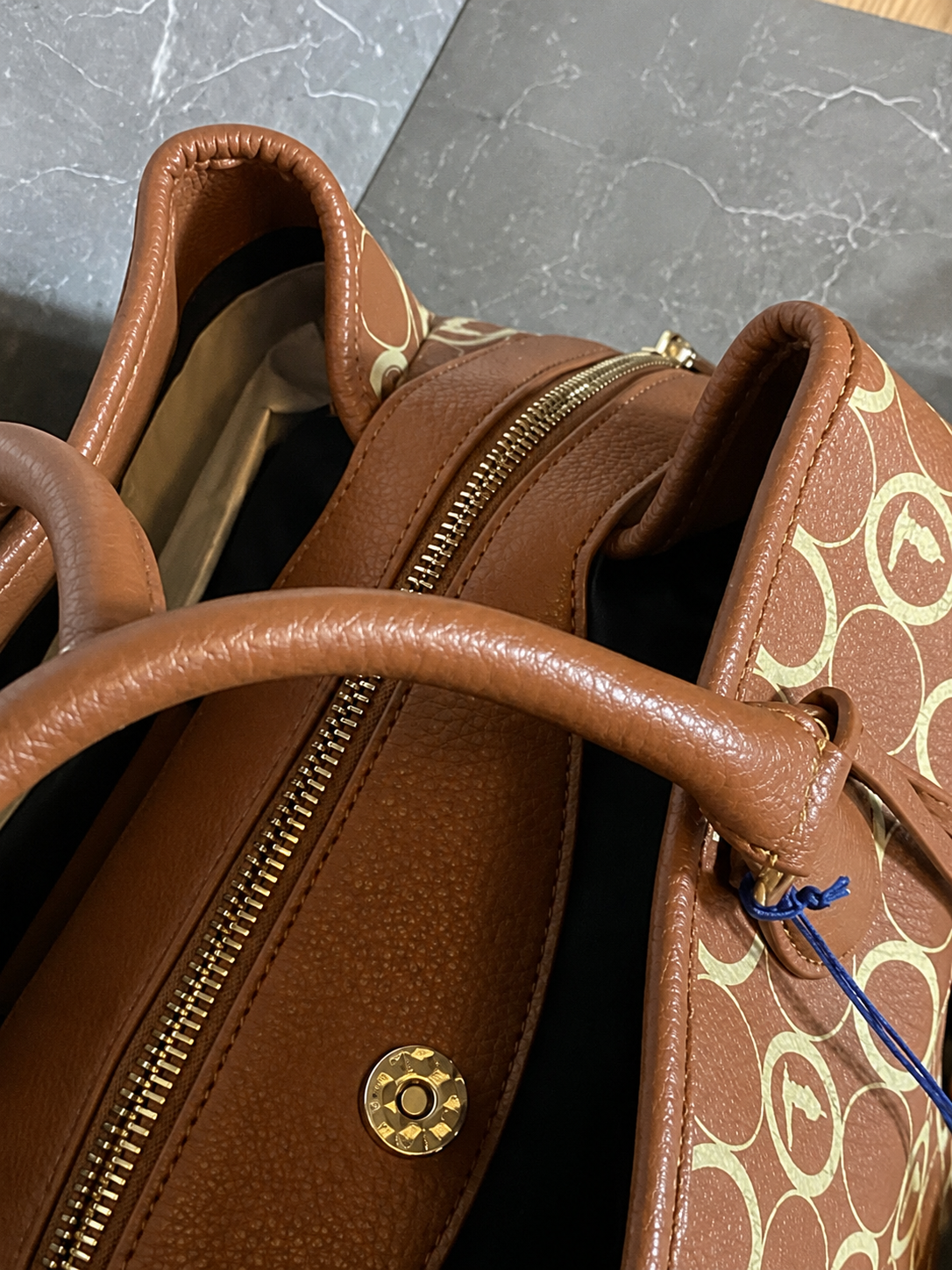 ✨ Trussardi Jeans Iris Medium Tote Bag – Brown Signature Ovali Print Faux Leather Handbag