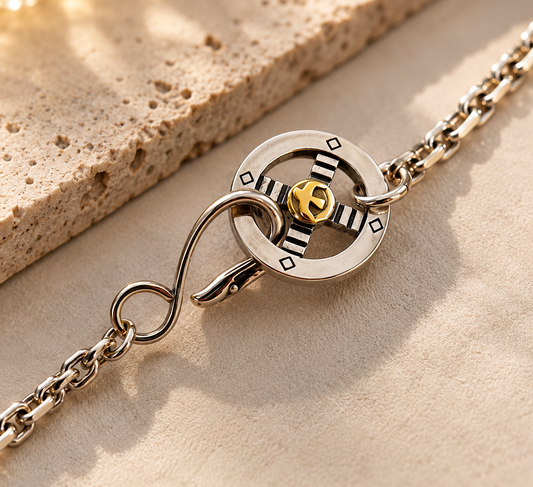 Men's Silver Tone Necklace – Vintage Round Toggle Clasp, Engraved Chain, Gothic Biker Jewellery
