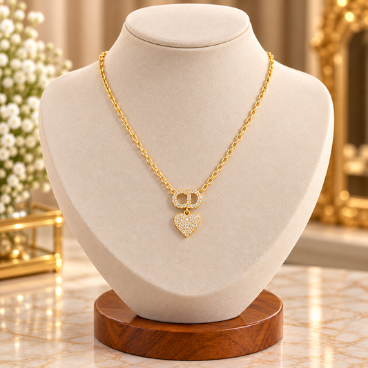 Gold Plated, Heart Necklace, Crystal Pendant, Gold Chain, Love Jewelry, and Gift for Her.