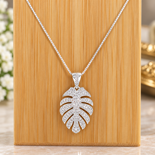 Genuine 925 Sterling Silver Monstera Leaf Necklace – Elegant Sparkling Crystal Pendant, Luxury Tropical Leaf Jewelry for Women
