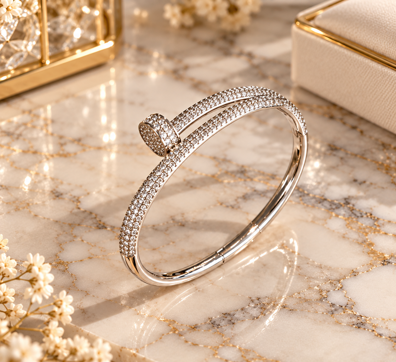 Luxury Silver Nail Bangle Bracelet – Sparkling Crystal Pavé Cuff, Elegant Women's Statement Jewellery, Modern Chic Design