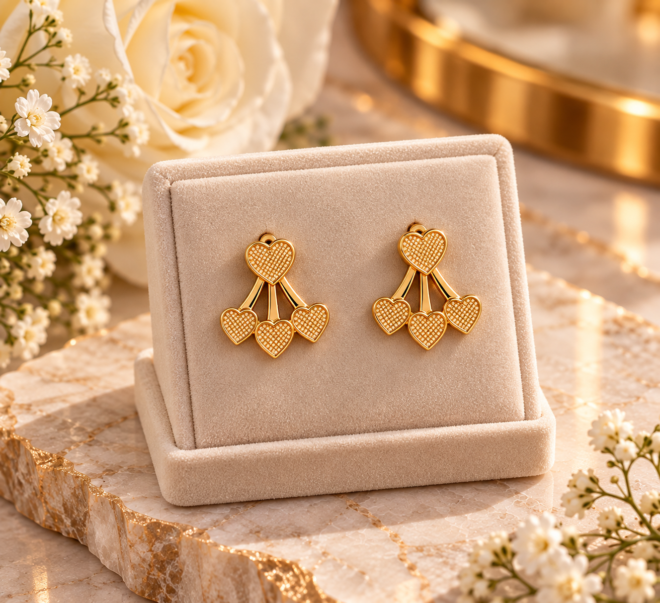 Gold Plated Four Heart Drop Earrings – Elegant Textured Heart Dangle Earrings, Women's Jewellery, Gift for Her