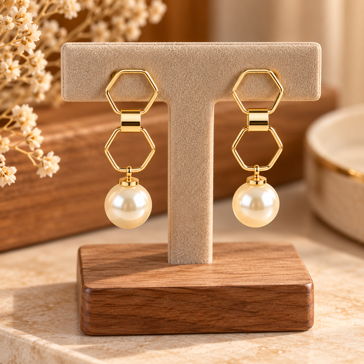 Elegant Gold Tone Geometric Drop Earrings with Pearl – Hexagon Dangle Earrings, Statement Jewellery, Wedding & Gift for Her