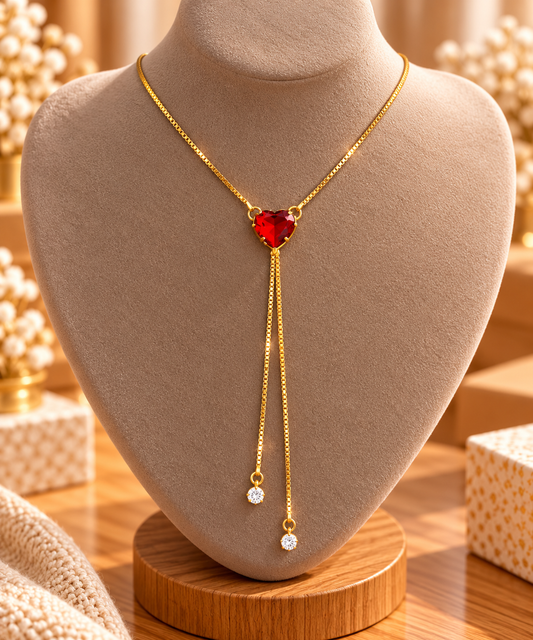 18K Gold Plated Red Heart Necklace – Ruby Red Crystal Y Lariat Pendant, Double Drop Chain, Elegant Women's Jewellery, Gift for Her