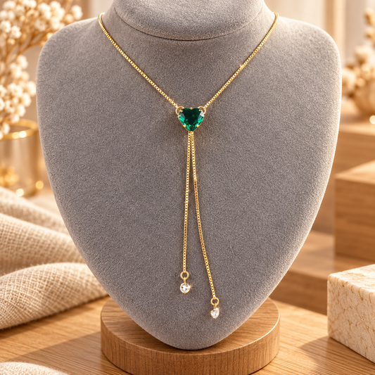 18K Gold Plated Green Heart Necklace – Emerald Green Crystal Y Lariat Necklace, Elegant Long Drop Pendant Jewellery, Gift for Her