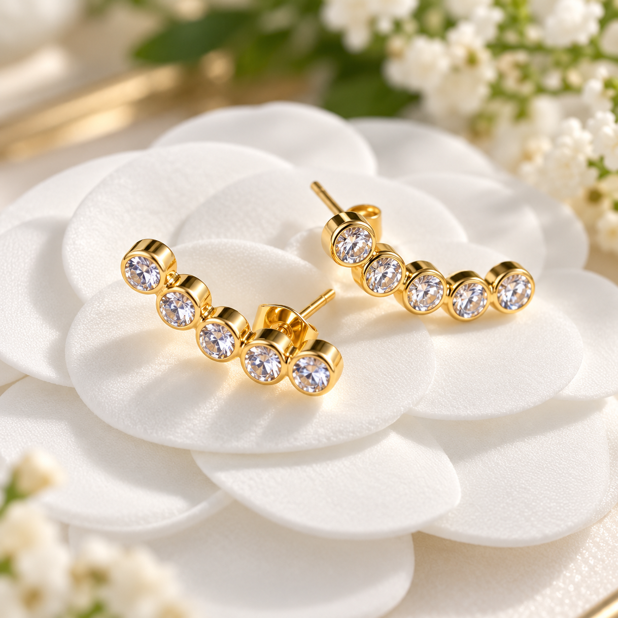 Elegant Gold-Tone Crystal Ear Climber Earrings – Five Sparkling Stones, Modern Luxury Jewelry