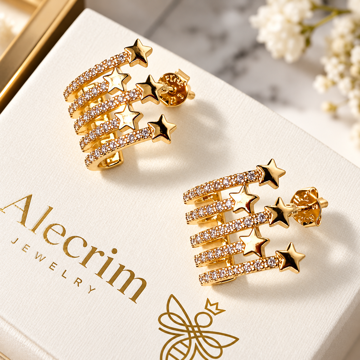 Luxury Gold Star Earrings – Multi-Row Sparkling Crystal Statement Earrings | Elegant Celestial Jewelry Gift for Women