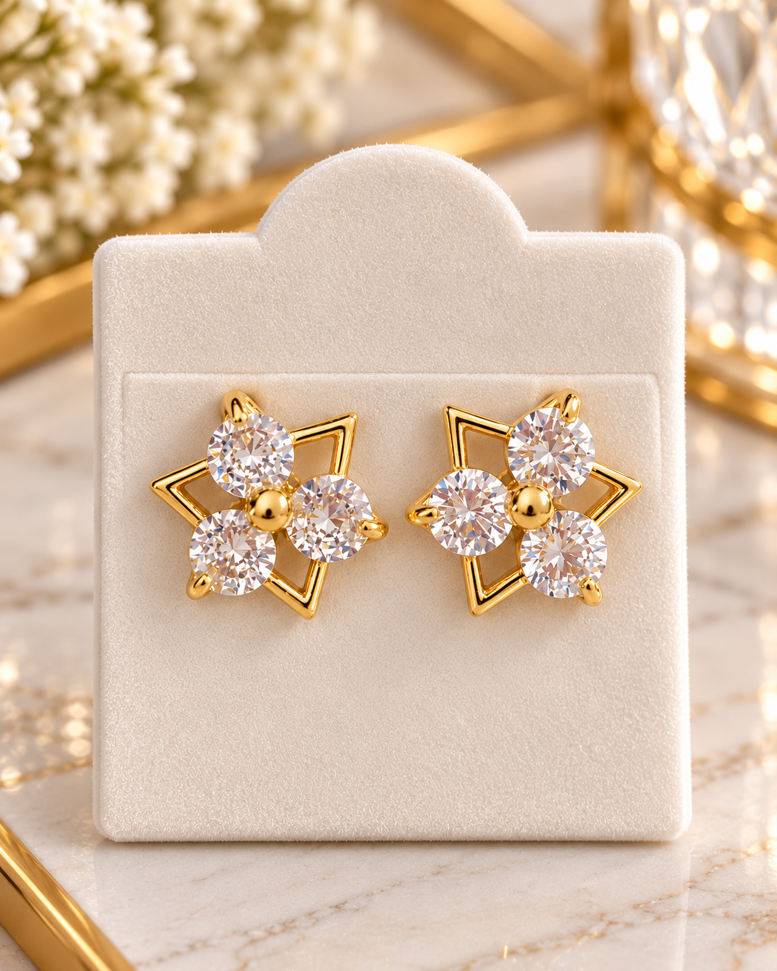 Luxury Gold Plated Flower Stud Earrings with Sparkling Cubic Zirconia – Elegant Floral Design, Women's Jewellery, Gift for Her