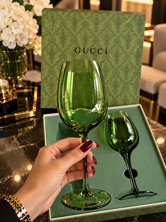 GUCCI Luxury Gift Set – Two Elegant Green Wine Glasses with Original Gift Box