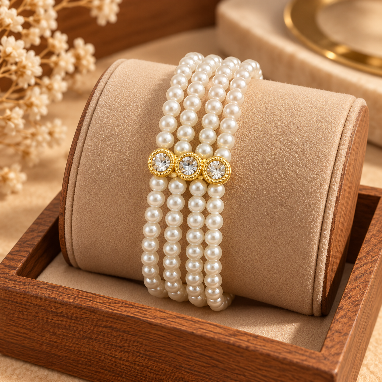 Elegant Four-Row Pearl Bracelet – Gold Tone Adjustable Bracelet, Lightweight Pearls, 19cm, Classic Women's Jewellery