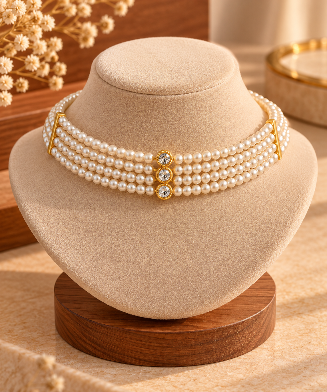 Elegant 4-Strand Pearl Choker Necklace – Lightweight Faux Pearl Statement Jewellery with Gold Tone Details & Adjustable Chain