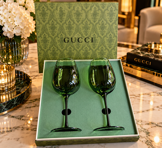 GUCCI Luxury Gift Set – Two Elegant Green Wine Glasses with Original Gift Box