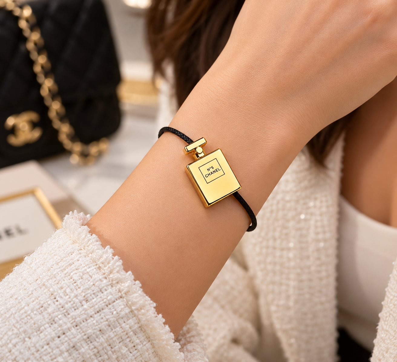 Chanel N°5 Inspired Black Cord Bracelet with Gold Tone Perfume Bottle Charm – Adjustable Minimalist Bracelet, Elegant Women's Jewellery Gift