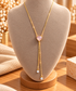 18K Gold Plated Light Rose Heart Necklace – Pink Crystal Y Lariat Pendant, Double Drop Chain, Elegant Jewellery Gift for Her