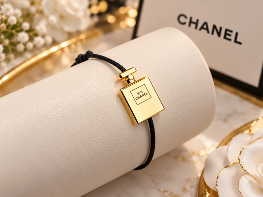 Chanel N°5 Inspired Black Cord Bracelet with Gold Tone Perfume Bottle Charm – Adjustable Minimalist Bracelet, Elegant Women's Jewellery Gift