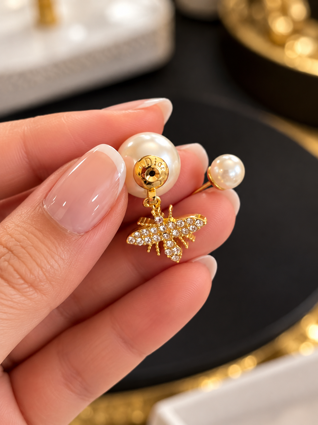 Dior Pearl Bee Earrings – Gold Tone Crystal Bee Drop Earrings, Elegant Double Pearl Design, Sparkling Rhinestone Details, Luxury Statement Jewellery, Gift for Her