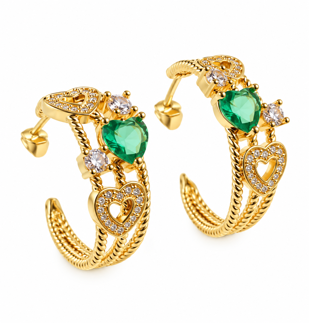 Luxury 18K Gold Plated Hoop Earrings with Emerald Green Heart Crystals – Elegant Sparkling Heart Design, Women's Jewellery, Gift for Her