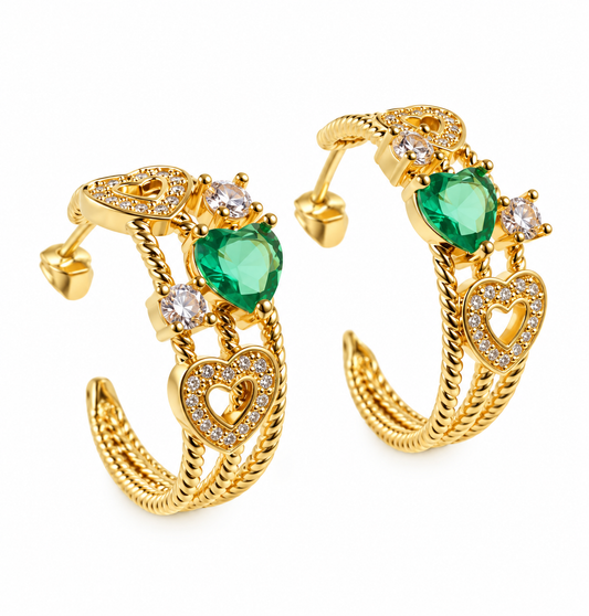 Luxury 18K Gold Plated Hoop Earrings with Emerald Green Heart Crystals – Elegant Sparkling Heart Design, Women's Jewellery, Gift for Her