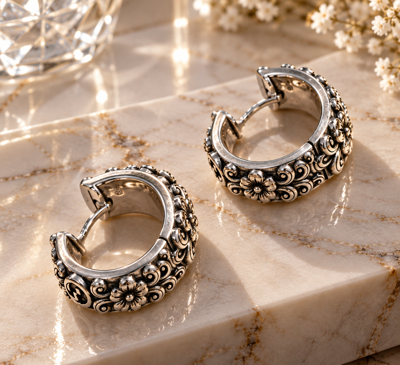 Vintage Silver Floral Hoop Earrings – Elegant Engraved Huggie Earrings, Antique Style, Statement Jewellery for Women