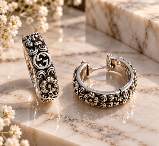 Vintage Silver Floral Hoop Earrings – Elegant Engraved Huggie Earrings, Antique Style, Statement Jewellery for Women