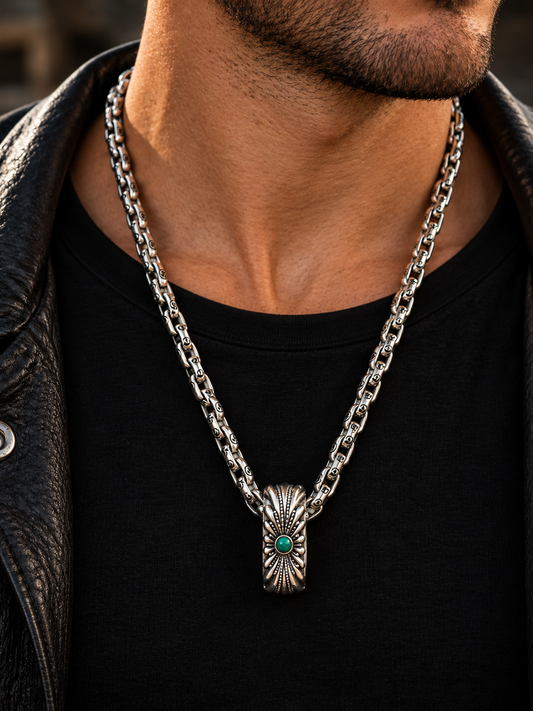 Men's Silver Tone Chain Necklace – Engraved Designer Lock Clasp, Luxury Statement Jewellery
