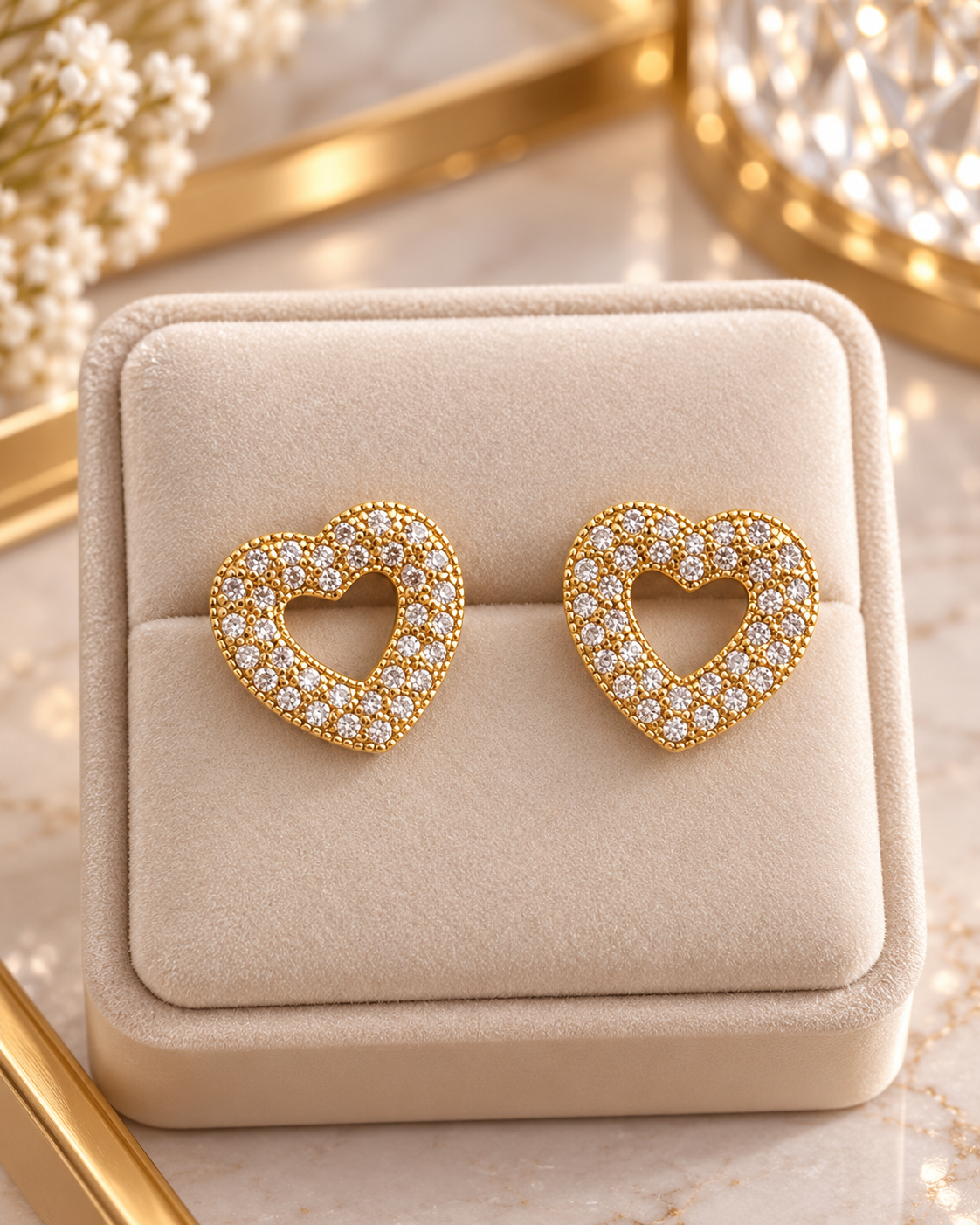 Luxury Gold Plated Heart Stud Earrings with Sparkling Cubic Zirconia – Elegant Pavé Open Heart Design, Women's Jewellery, Romantic Gift for Her