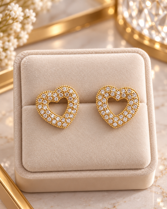 Luxury Gold Plated Heart Stud Earrings with Sparkling Cubic Zirconia – Elegant Pavé Open Heart Design, Women's Jewellery, Romantic Gift for Her