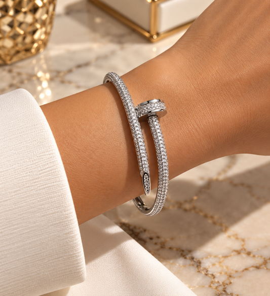 Luxury Silver Nail Bangle Bracelet – Sparkling Crystal Pavé Cuff, Elegant Women's Statement Jewellery, Modern Chic Design