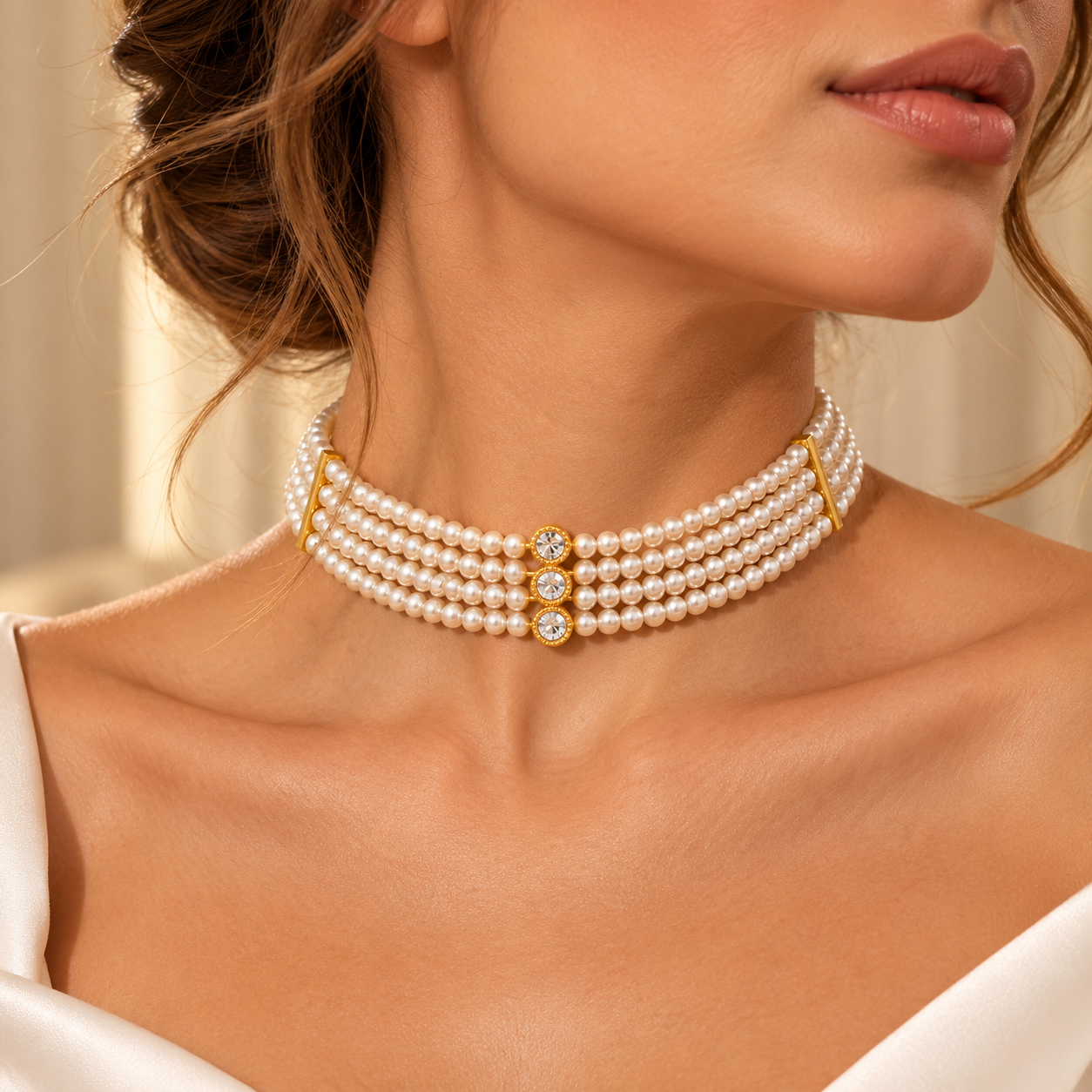 Elegant 4-Strand Pearl Choker Necklace – Lightweight Faux Pearl Statement Jewellery with Gold Tone Details & Adjustable Chain