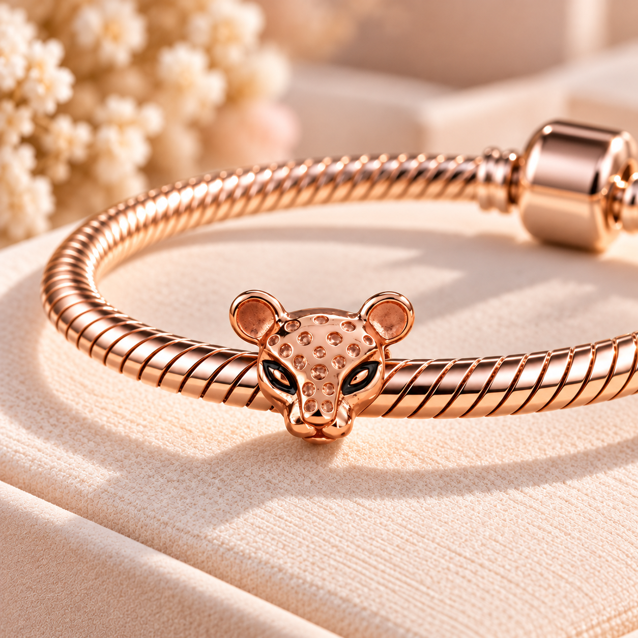 Rose Gold Leopard Head Charm Bead – Wild Cat Animal Pendant, Elegant Bracelet Jewellery, Gift for Her