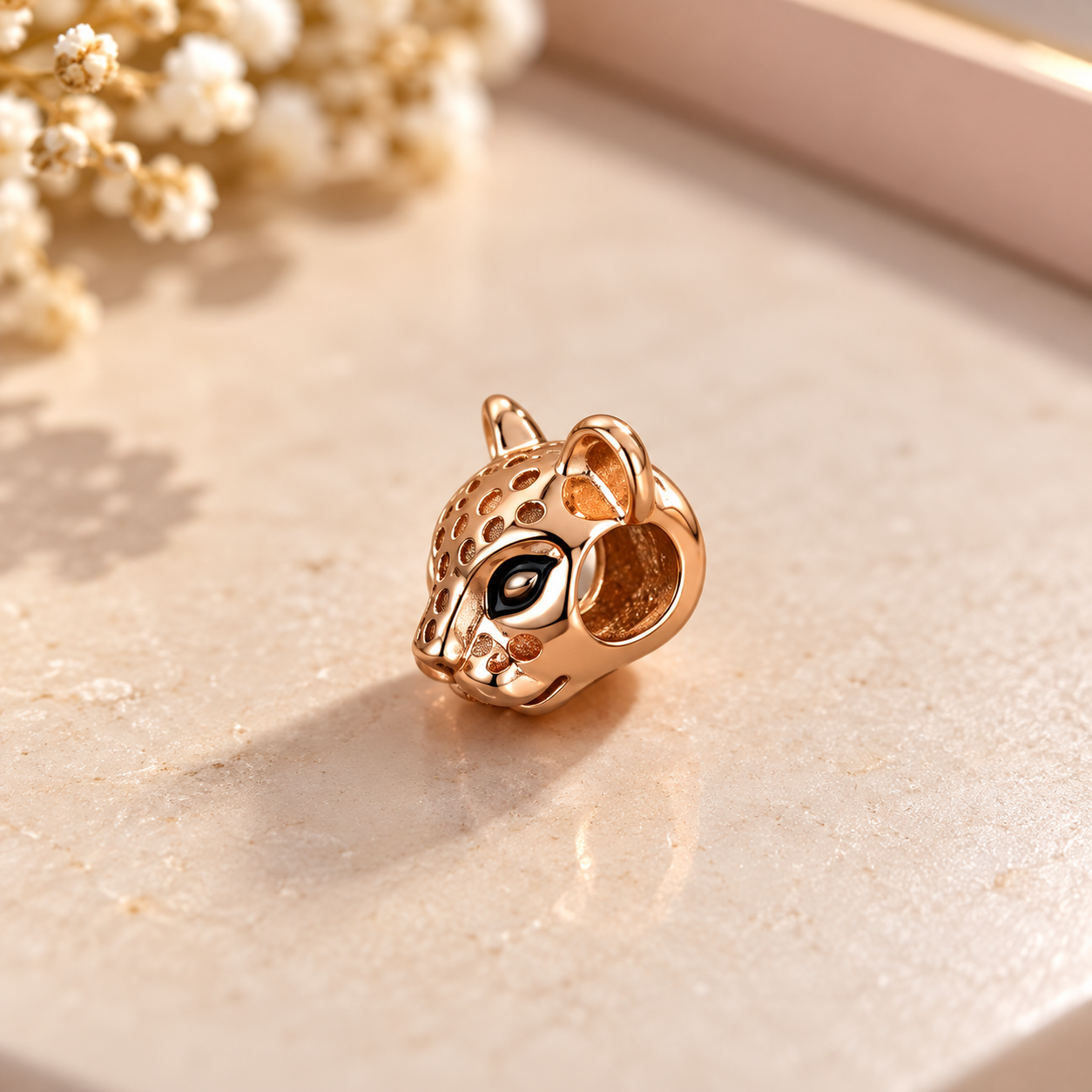 Rose Gold Leopard Head Charm Bead – Wild Cat Animal Pendant, Elegant Bracelet Jewellery, Gift for Her