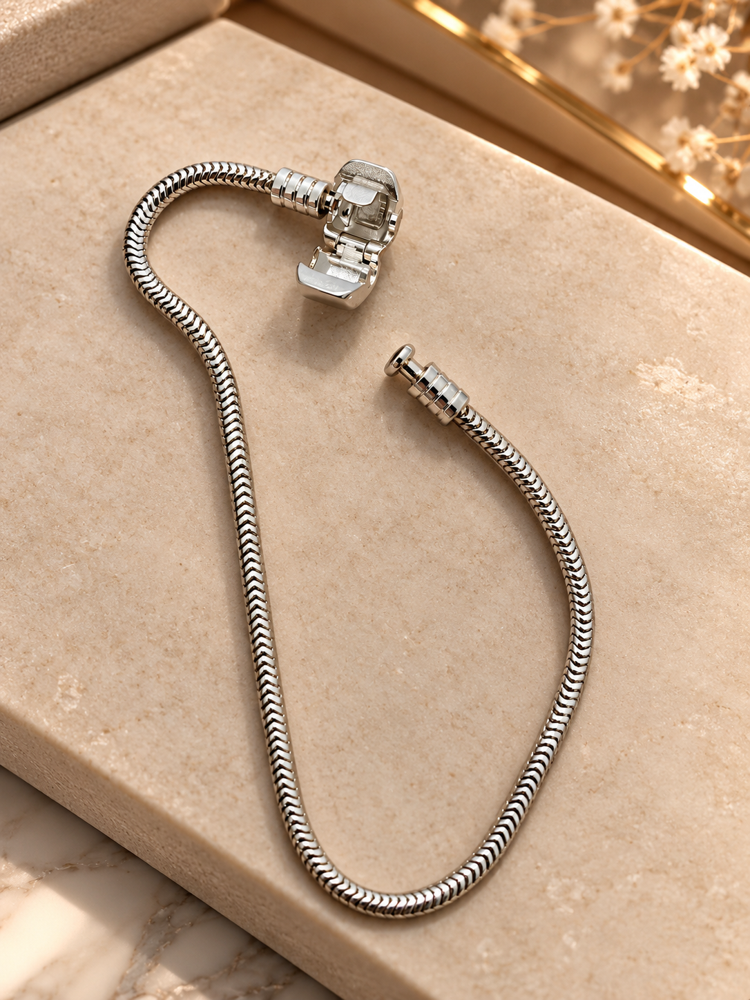 Silver Snake Chain Charm Bracelet – Elegant European Style Bracelet with Secure Clasp, Classic Jewellery Gift for Women