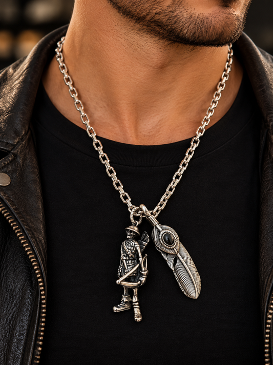 Men's Silver Tone Necklace – Vintage Round Toggle Clasp, Engraved Chain, Gothic Biker Jewellery