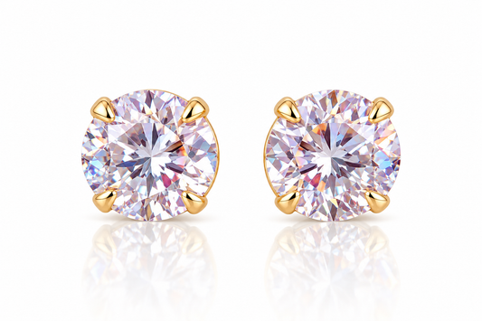 Gold Plated Round Cubic Zirconia Stud Earrings – Sparkling Clear CZ Solitaire Earrings, Elegant Women's Jewellery, Gift for Her
