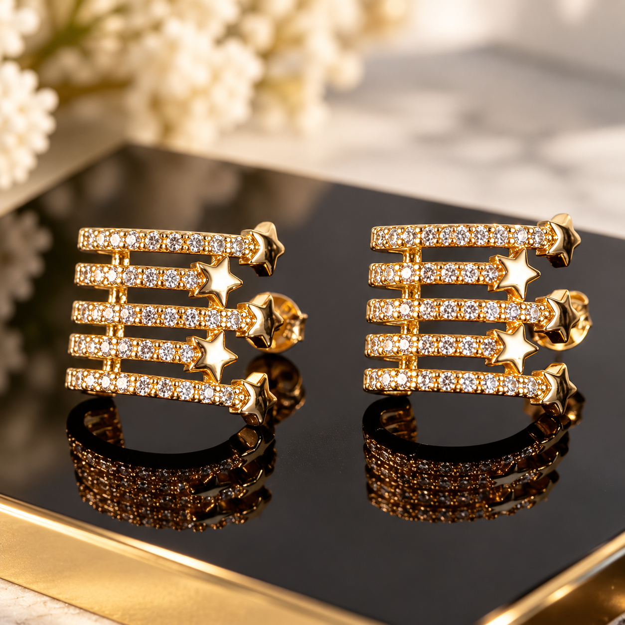 Luxury Gold Star Earrings – Multi-Row Sparkling Crystal Statement Earrings | Elegant Celestial Jewelry Gift for Women
