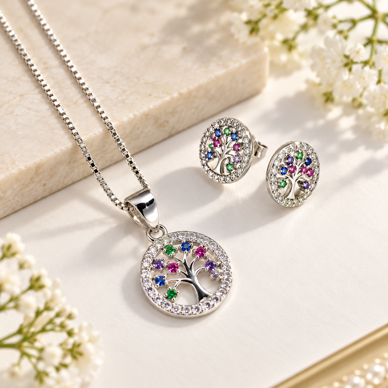 Genuine 925 Sterling Silver Tree of Life Jewelry Set – Elegant Necklace & Earrings with Sparkling Multicolored Crystals
