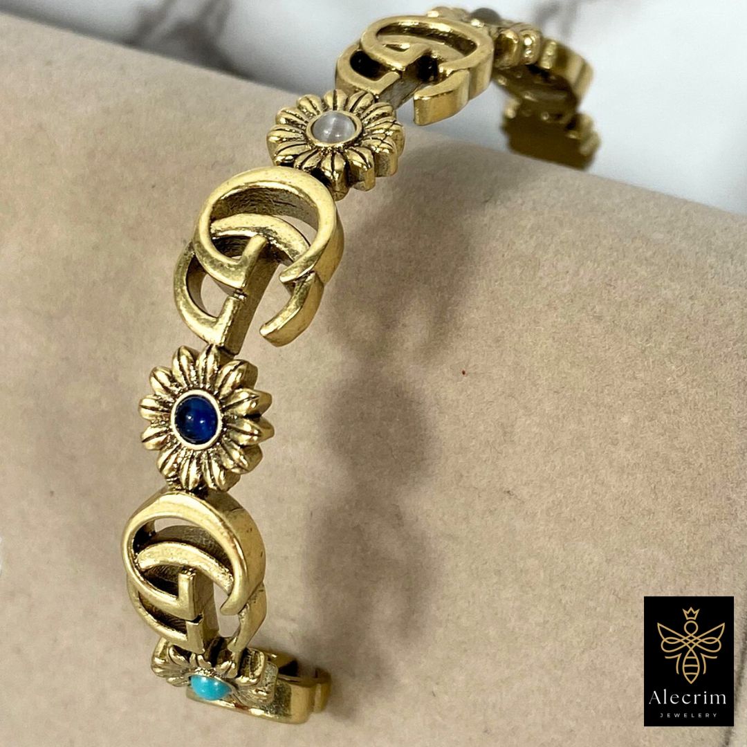 Antik gold Bracelet With Flowers Details damen Armband