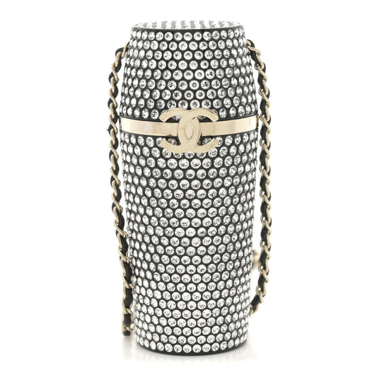 Metal Resin Lambskin Crystal Lipstick Case Long Chain Silver