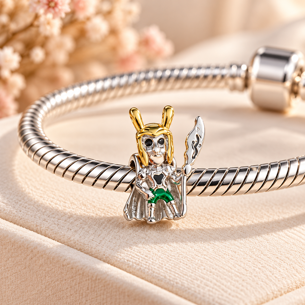 Green & Gold Fantasy Character Charm Bead – Silver Tone Enamel Pendant for Charm Bracelet