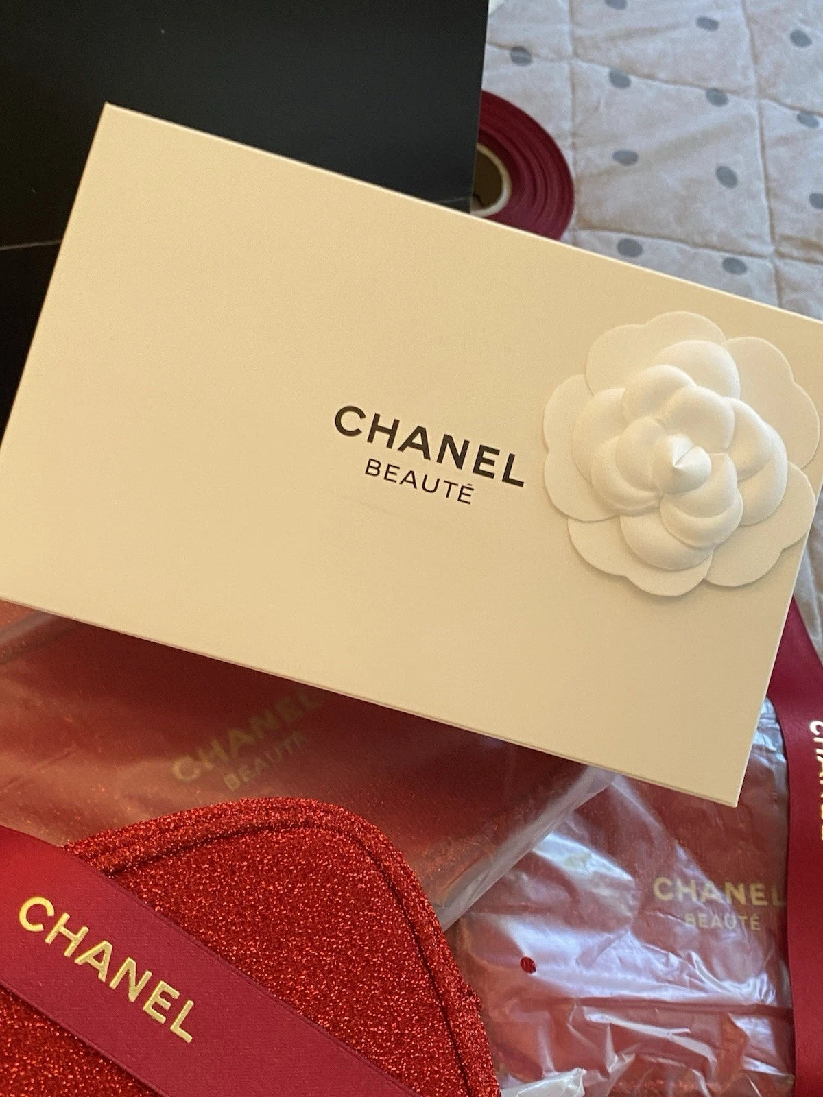 Chanel  Luxury Red Glitter Makeup & Cosmetic Bag